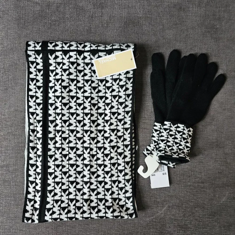 Michael Kors 2 pc Black & White MK Logo monogram Knit Cuffed Gloves & Scarf set